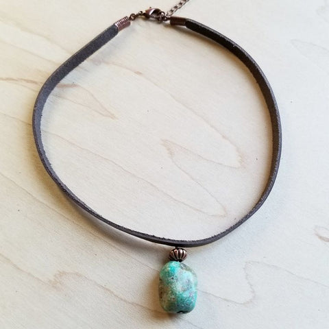 LEATHER CHOKER NECKLACE WITH AFRICAN TURQUOISE ACCENT