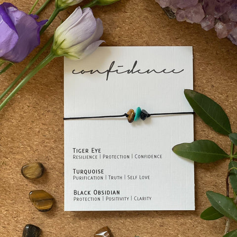 CONFIDENCE - ADJUSTABLE CRYSTAL BRACELET - TIGER EYE - TURQUOISE - BLACK OBSIDIAN