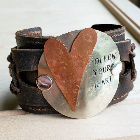 FOLLOW YOUR HEART DISTRESSED LEATHER CUFF