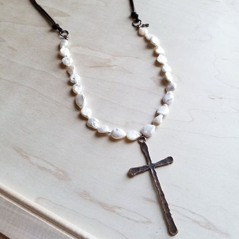 FRESHWATER PEARL COIN NECKLACE WITH LARGE COPPER CROSS PENDANT
