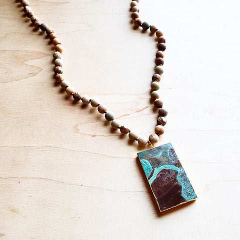 BOHEMIAN NATURAL JASPER BEADED NECKLACE WITH OCEAN AGATE PENDANT
