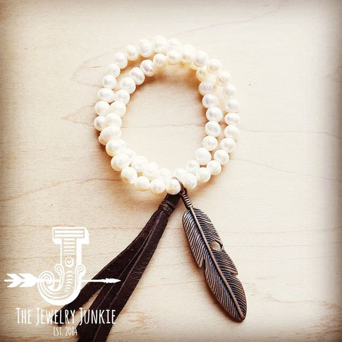 DOUBLE STRAND PEARL BRACELET WITH COPPER FEATHER
